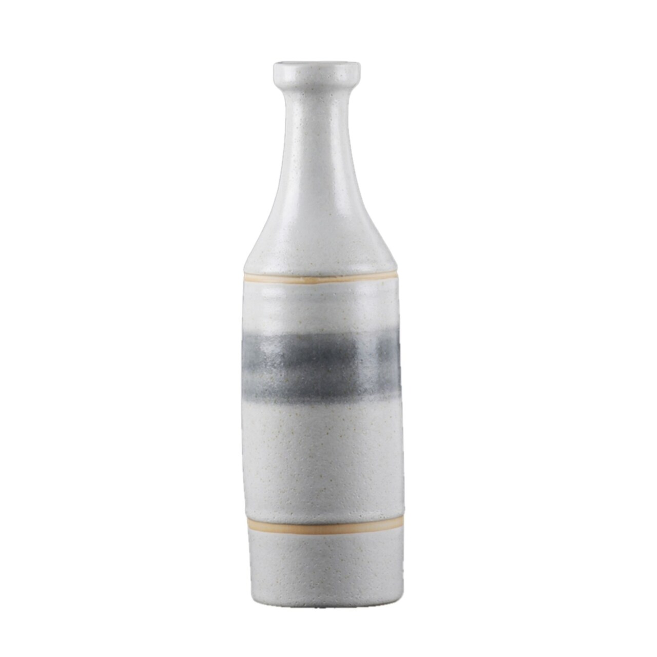 Urban Trends Collection Ceramic Round Bottle Vase with Long Neck, Painted Gray Banded Design Body Small Coated Finish White